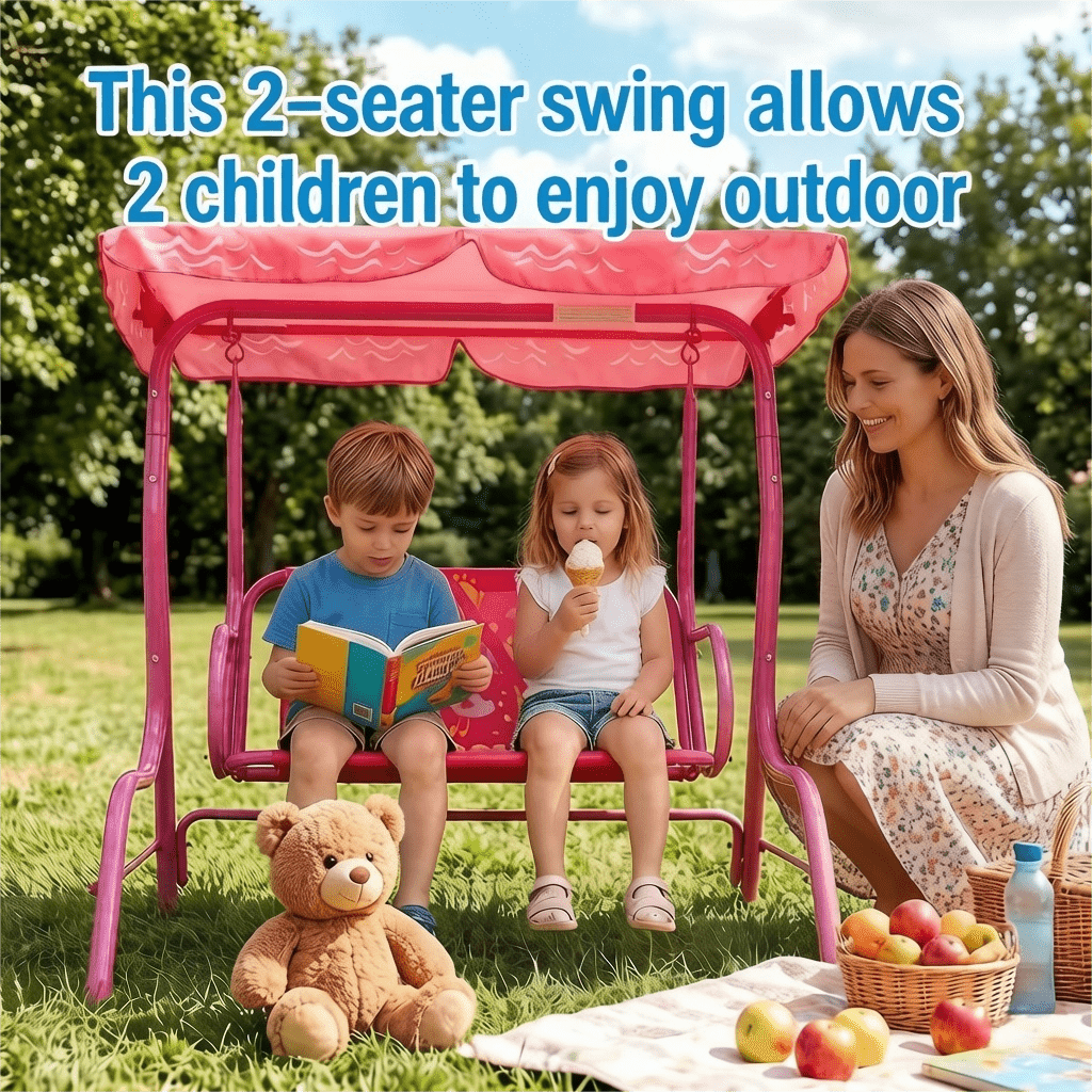 2-Seater Kids Outdoor Patio Swing Chair with Adjustable Sun Canopy, Safety Belts, Metal Stand Porch Swing Bench for Backyard, Garden, Balcony, Ages 3+, 180 lbs Capacity