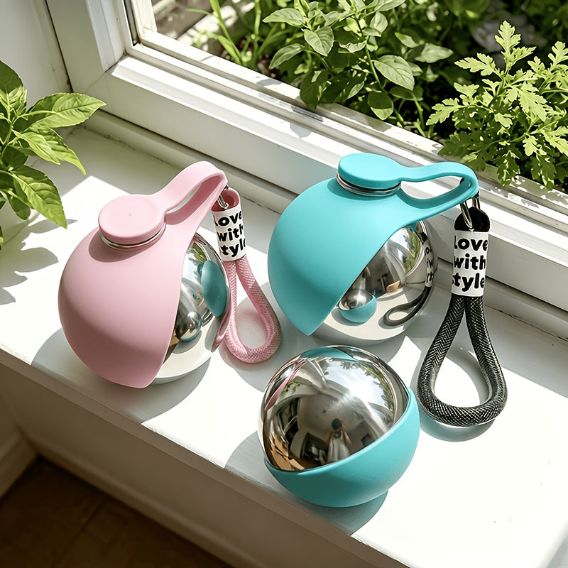 Stainless Steel Pet Travel Water Bottle – 9.6oz Leak-Proof Dog & Cat Drinking Bottle with Foldable Bowl for Outdoor Hiking, Walking, and Camping, 304 Steel, Blue & Pink