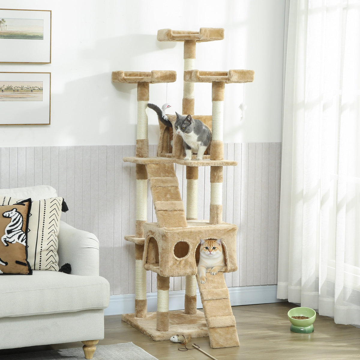 68-Inch Multi-Level Cat Tree Tower with 2 Condos, Sisal Scratching Posts, Plush Perches, Ladders & Dangling Toys, Sturdy Particle Board Base, for Cats up to 10 lbs, 19.3"x19.3"x68.1"
