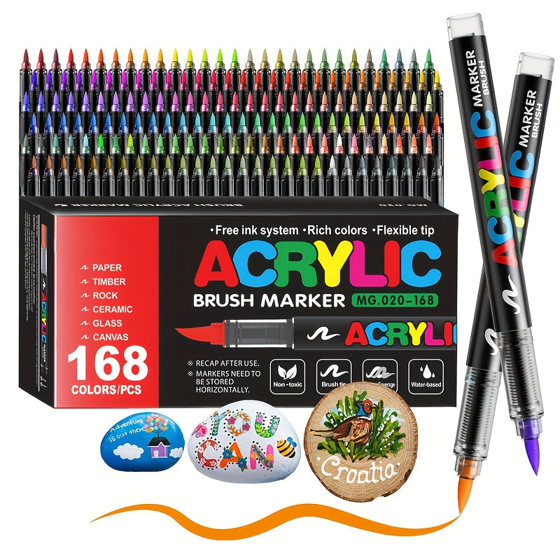 Acrylic Paint Markers Brush Tip – 12/24/36/48/60/72/120/168 Colors for Rock, Metal, Glass, Wood, Canvas, Ceramic & Plastic, DIY Hand-Painting Art Supplies, Back to School, Halloween, Christmas, Birthday Gift