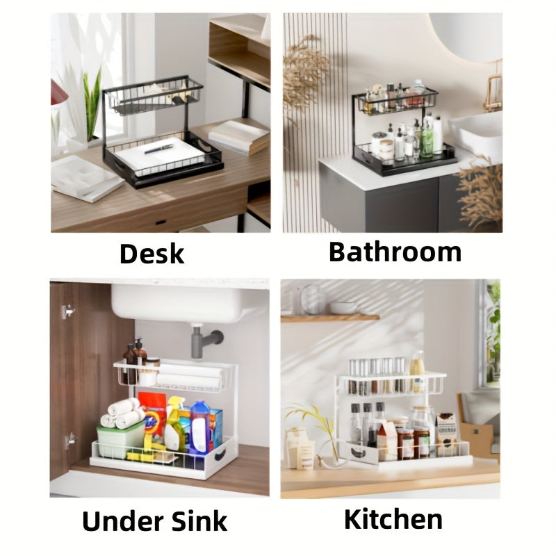 Pull-Out Under Sink Organizer, 2-Tier Slide-Out Cabinet Shelf, Kitchen/Bathroom Utility Storage Rack, Sliding Cabinet Organizer for Under Sink, Kitchen, Bathroom, or Pantry – 1 or 2 Pack Options
