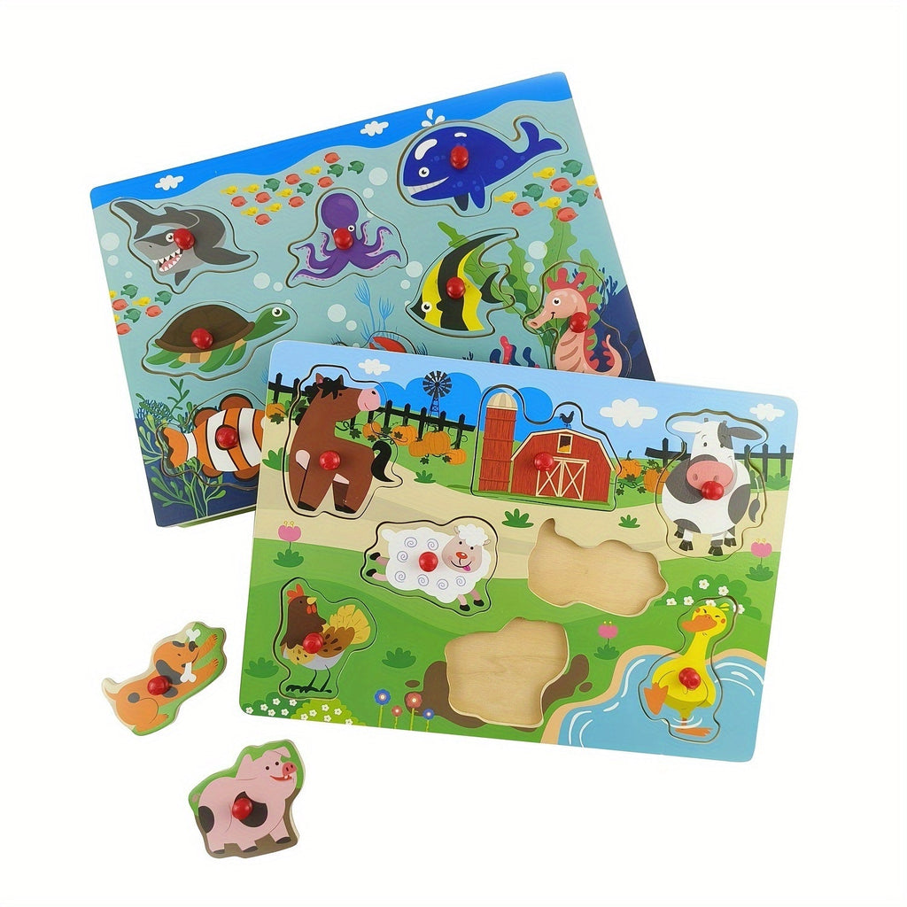 4-Piece Wooden Peg Puzzle Set for Toddlers, 32 Pieces, Knob Puzzles with Farm and Zoo Animal Themes, Montessori Learning Toy for Ages 1, 2, 3, Birthday, Christmas, Easter Gift for Boys and Girls