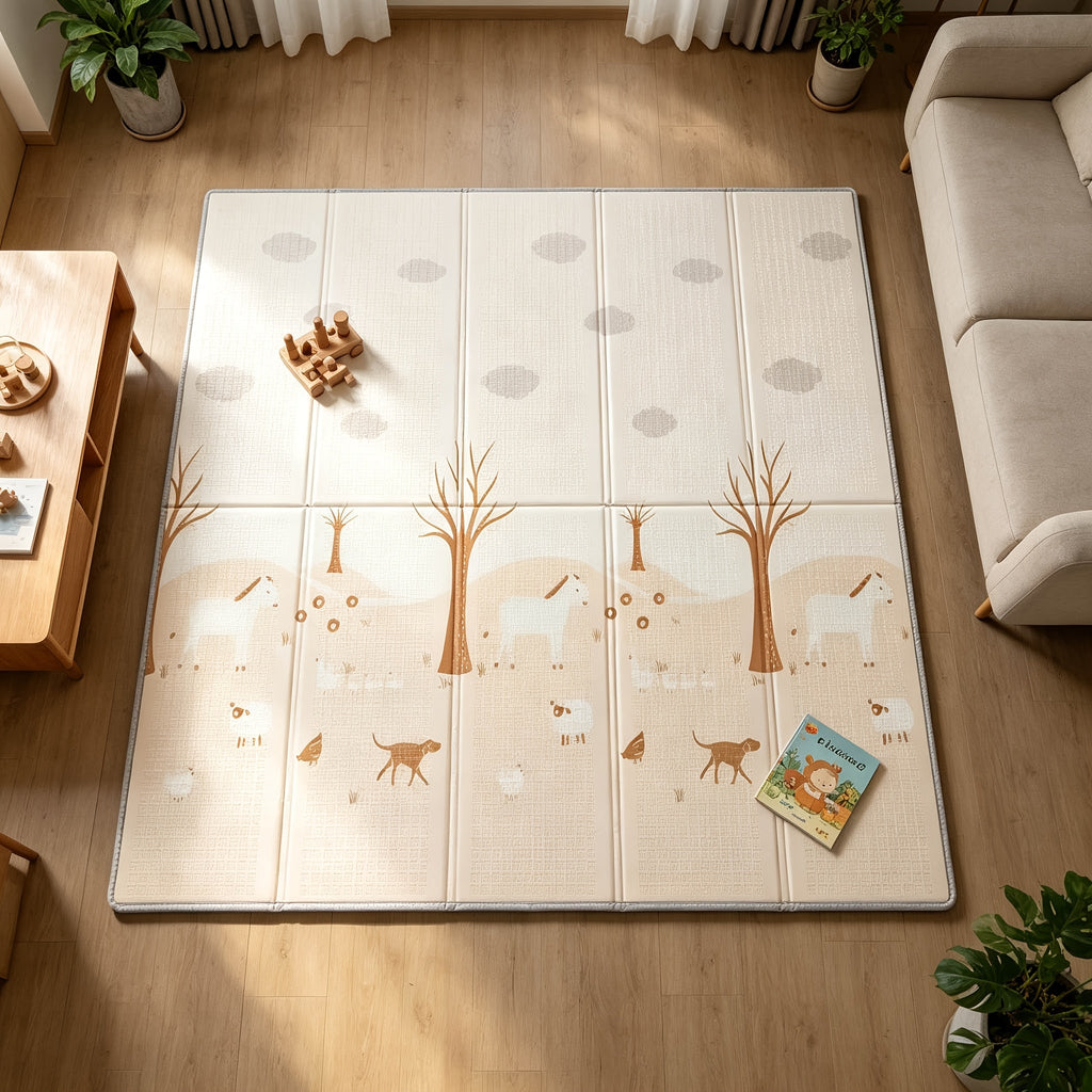 Reversible Foldable Baby Play Mat with Edge Binding, Nordic Minimalist Foam Crawling Mat for Infants & Toddlers, Happy Farm 71"x59" & Polar Bear 79"x71", Cloud & Forest Animal Pattern Nursery Playmat