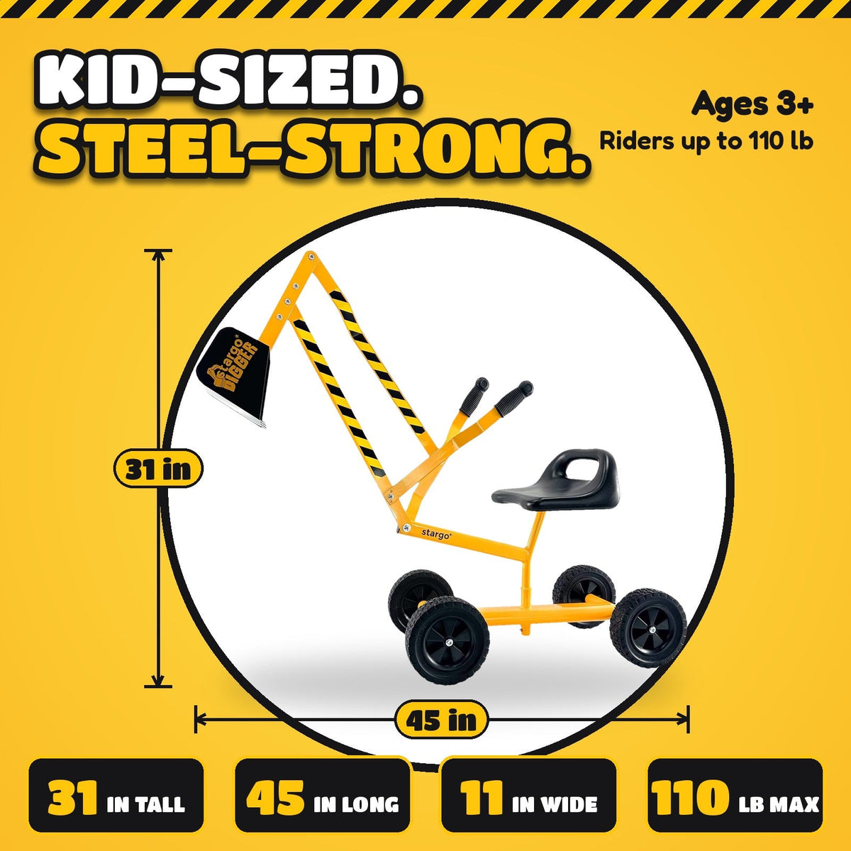Kids Ride-On Sand Digger Excavator Toy – Steel Frame Seated Rolling Digger with 360° Swivel Seat & Metal Bucket for Sandbox Backyard Beach Snow Ages 3+