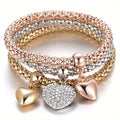 3PC Stainless Steel Stackable Bracelet Set for Women – Gold, Silver, & Rose Gold Wheat Chain & Heart Tree of Life Elastic Bracelet, Hypoallergenic Daily & Party Wear