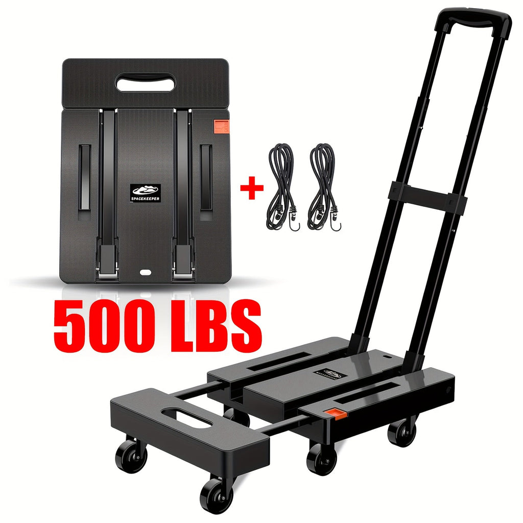 500LB Collapsible Hand Trolley & Utility Dolly with 6 Wheels - Foldable Luggage Cart with 2 Elastic Straps for Moving, Travel, Shopping, Warehouse, Office - 4 Options