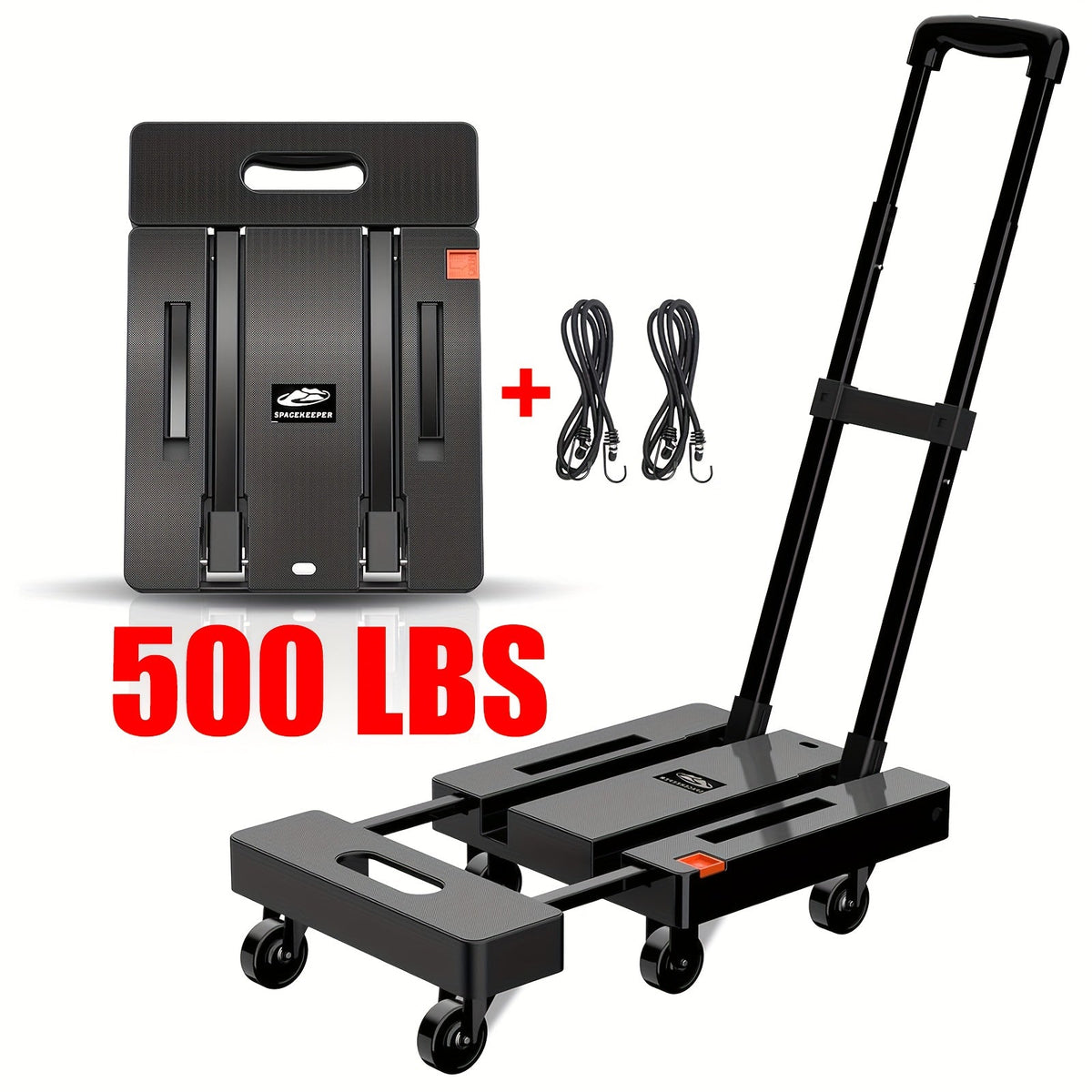 500LB Collapsible Hand Trolley & Utility Dolly with 6 Wheels - Foldable Luggage Cart with 2 Elastic Straps for Moving, Travel, Shopping, Warehouse, Office - 4 Options