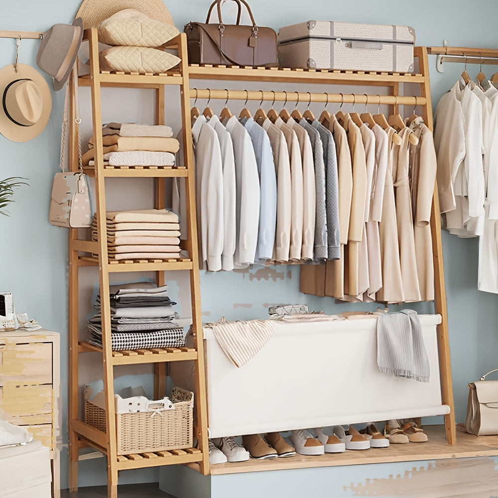 Bamboo Clothes Rack with Shelves Hat Hooks & Storage Bag – Adjustable Multi-Capacity Clothing Stand for Bedroom Closet in 32 / 51 / 75 Inch Brown & Natural