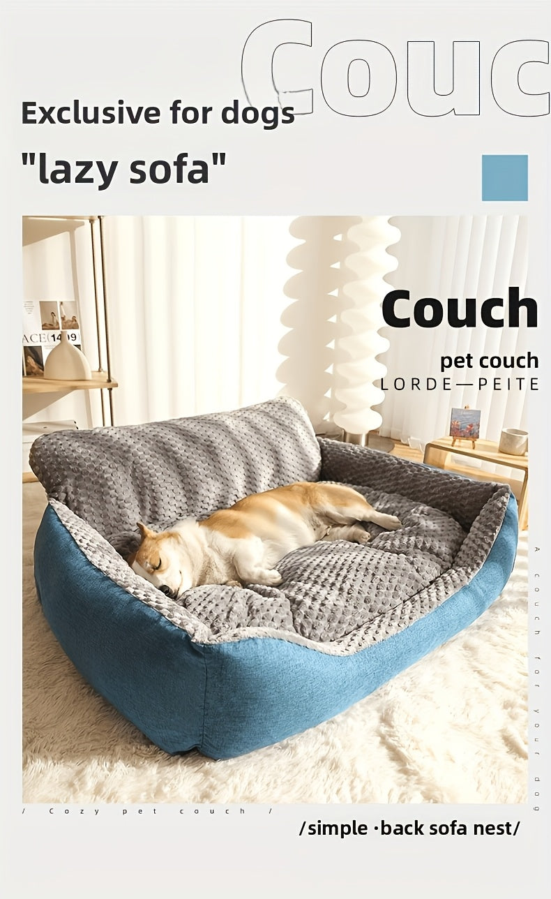 Luxury Plush Pet Sofa Bed with High Backrest – Thick Warm Washable Dog Bed for Large, Medium, and Small Dogs & Cats, All-Season Comfort, Easy-Clean Cover, Sizes S, L, XL, Grey Blue