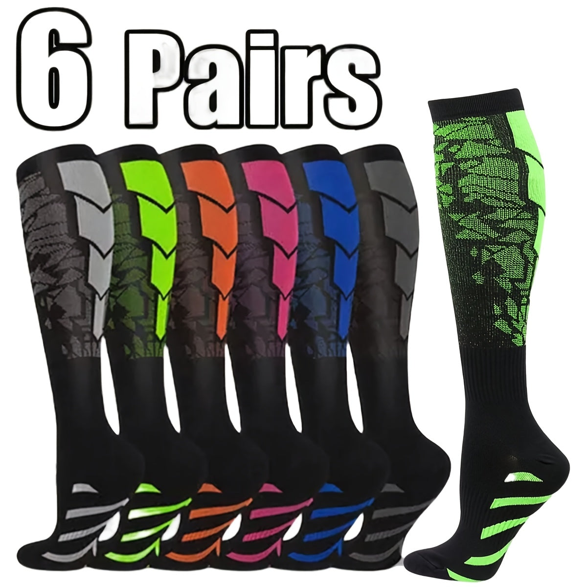 Compression Sports Socks 6-Pack Unisex Breathable Moisture-Wicking Polyester Knit Athletic Socks for Basketball, Football, Running, Hiking, and Outdoor Sports – Sizes S/M & L/XL