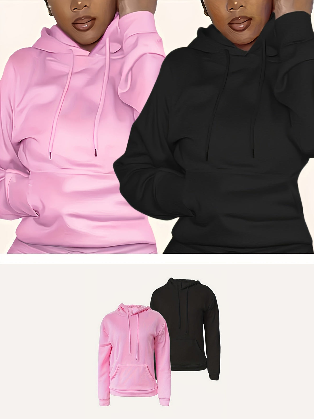 Women's 2-Piece Hoodie Set, Long Sleeve Pullover Sweatshirt with Pockets, Solid Color Cozy Fall/Winter Tops, XS-XXL