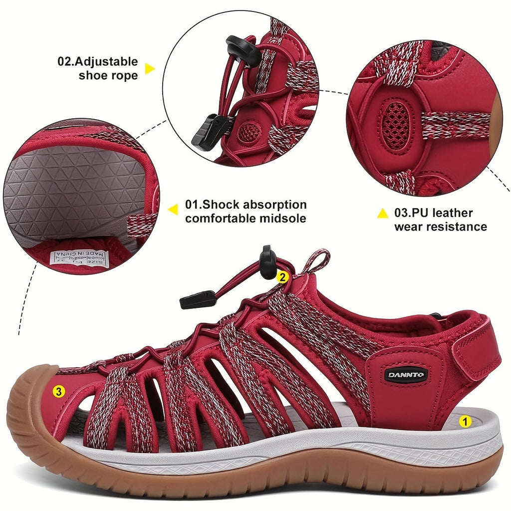 Women's Closed-Toe Hiking Sandals, Lightweight Non-Slip Water Sandals with Adjustable Bungee Lace & Hook-and-Loop Strap, Breathable Athletic Sport Outdoor Shoes for Beach, Camping, Fishing, Travel, and Walking