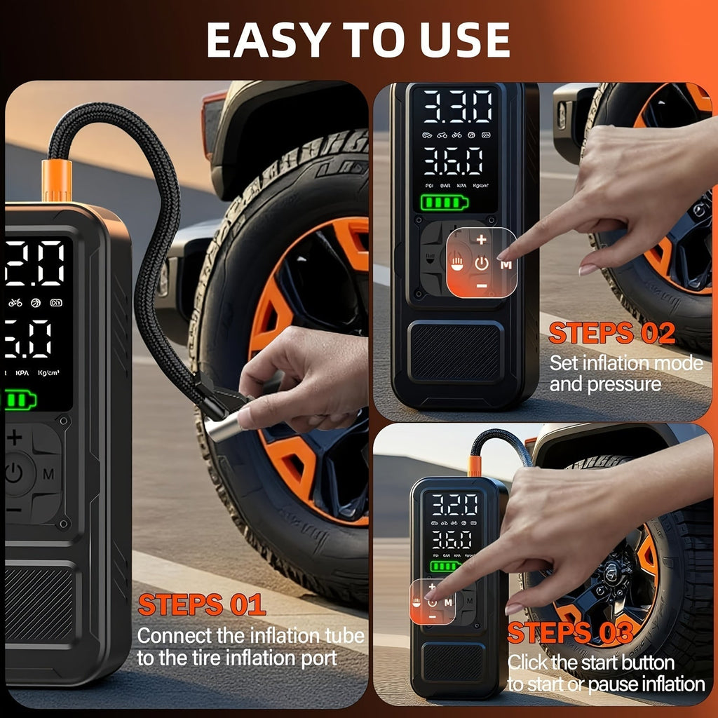 Portable Cordless Tire Inflator, 160PSI Air Compressor with Digital Pressure Gauge and LED Light, 8X Faster Inflation for Cars, Motorcycles, Bikes, and Balls - Rechargeable Electric Air Pump