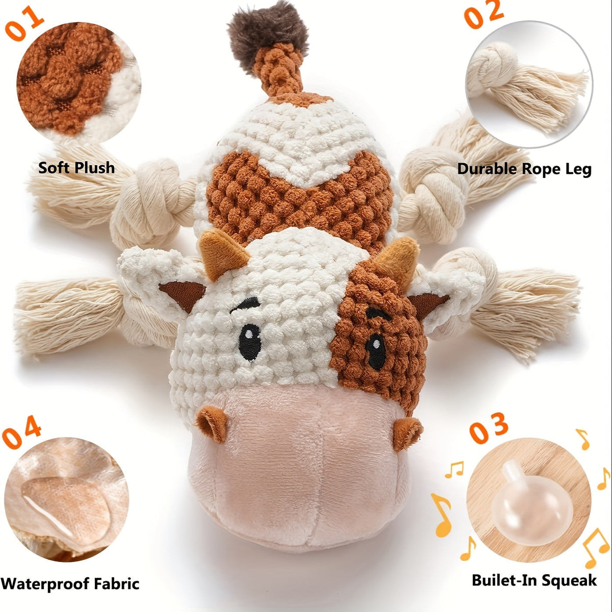 Squeaky Cow Dog Toy, Plush Interactive Tug-of-War with Crinkle Paper, IQ Training Chew Toy for Small, Medium, and Large Dogs, No Battery Needed, Anxiety Relief Pet Toy