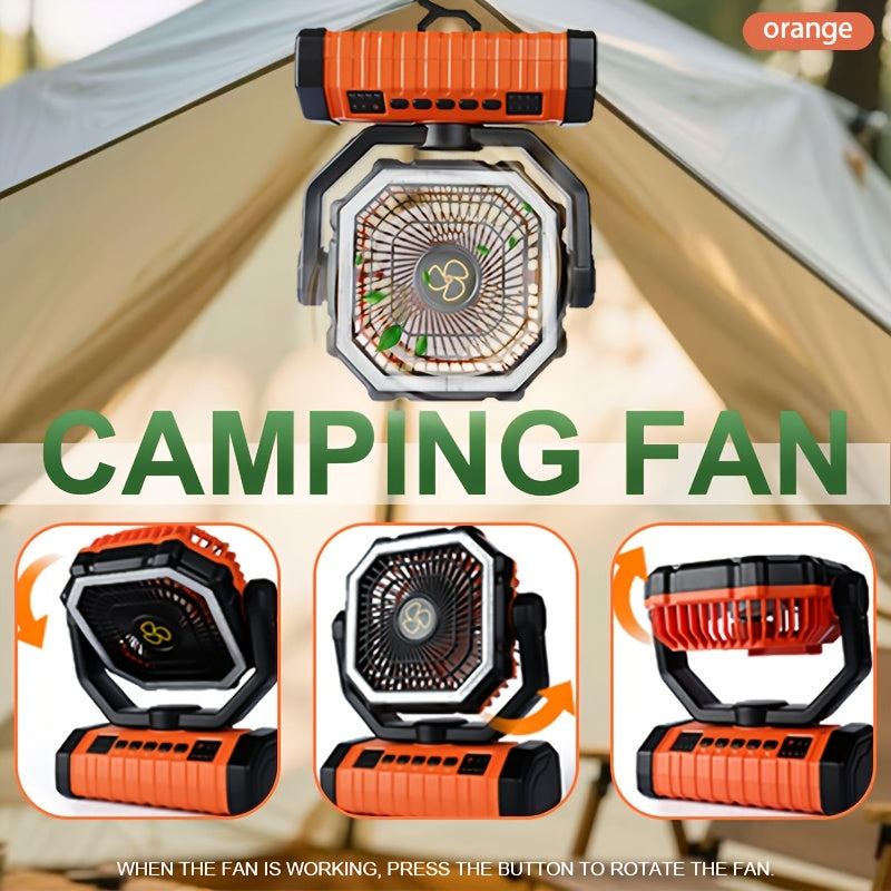 20000mAh Rechargeable Camping Fan with Built-in LED Light, Tent Hook, USB Charging, Portable Battery-Powered Outdoor Cooling Fan for Camping, Hiking, Power Outages, and Construction Sites - Orange Upgraded Model