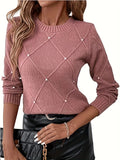 Women's Pearl-Embellished Long Sleeve Loose Fit Round Neck Knit Pullover - Elegant Casual Style for Daily Wear, Office, and Date Nights | Available in Multiple Colors (S-XL)