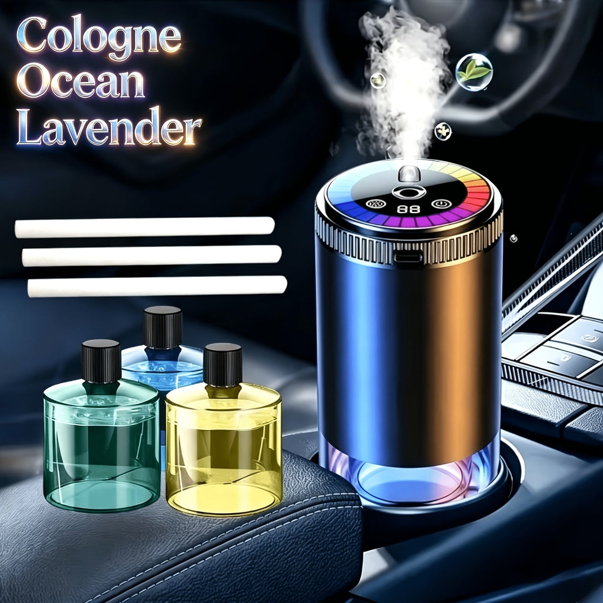 Smart Car Air Freshener Aromatherapy Diffuser with Starry Sky Light Show, USB Rechargeable, Adjustable Fragrance – Natural French Essential Oil (Gardenia, Ocean, Lavender, Cologne) Car Gift