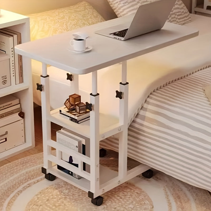 Height Adjustable Rolling Laptop Table with 4 Wheels & Dual Shelves – Mobile Workstation Desk for Bedside, Dorm, Office, and Living Room, Sturdy Steel Frame, Space-Saving Design