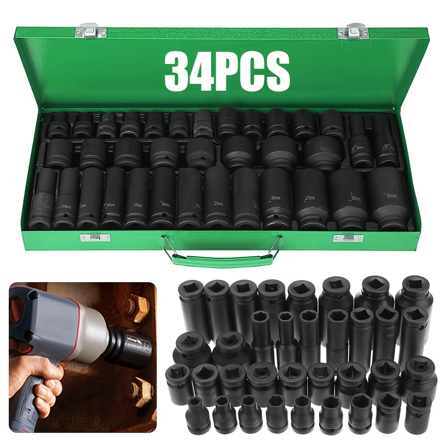 Impact Socket Set CR-V SAE & Metric 6-Point with Ratchet Handle and Extension Rod – Choose 34pc 1/2" Drive, 47pc 3/8" Drive, or 53pc Tool Set for Car Repair, Home Maintenance & Professional Use
