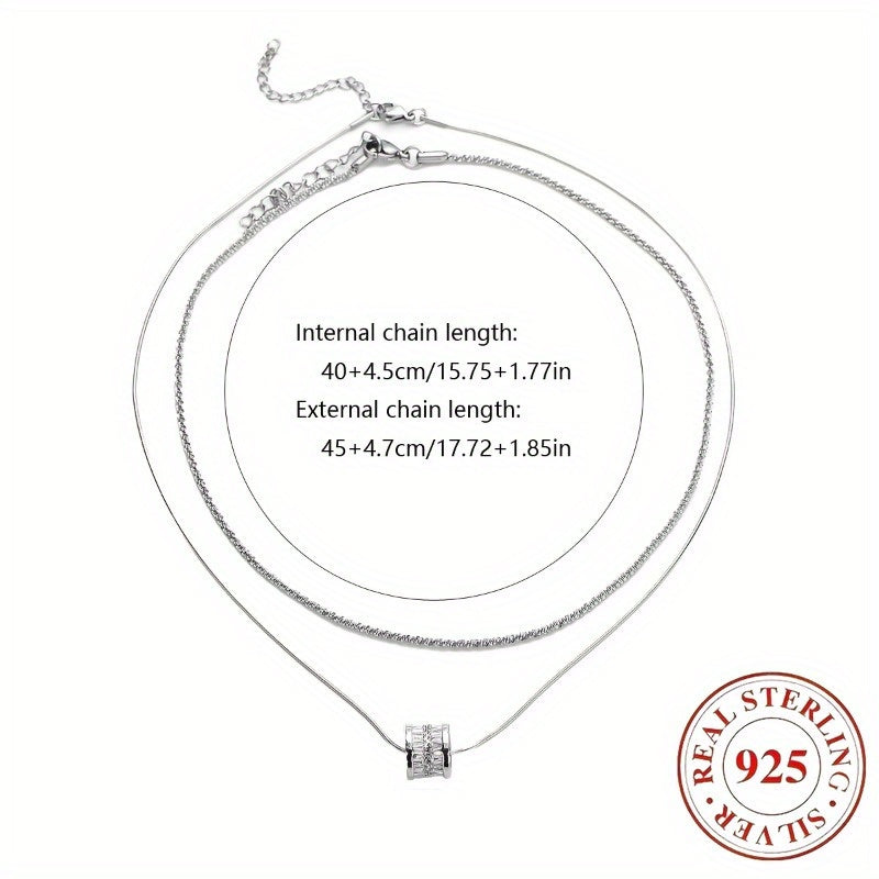 S925 Sterling Silver Double Layer Clavicle Chain Necklace for Women, Elegant Cubic Zirconia Sweater Chain, Minimalist Fashion Jewelry for Daily Wear and Gifts, All Seasons