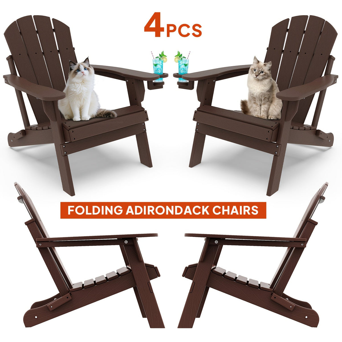 Folding Adirondack Chair with Cup Holder Portable Recliner Stainless Steel Frame Durable Plastic Easy Clean for Patio Poolside Garden Camping Set of 1 2 4 6
