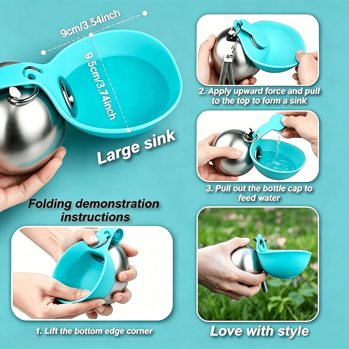 Stainless Steel Pet Travel Water Bottle – 9.6oz Leak-Proof Dog & Cat Drinking Bottle with Foldable Bowl for Outdoor Hiking, Walking, and Camping, 304 Steel, Blue & Pink