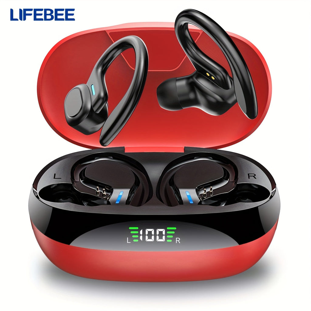 True Wireless Earbuds (TWS) with Mic - Sport Earhook, Stereo In-Ear Headphones with LED Display Charging Case for Running & Sports - Red & Black