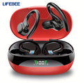 True Wireless Earbuds (TWS) with Mic - Sport Earhook, Stereo In-Ear Headphones with LED Display Charging Case for Running & Sports - Red & Black