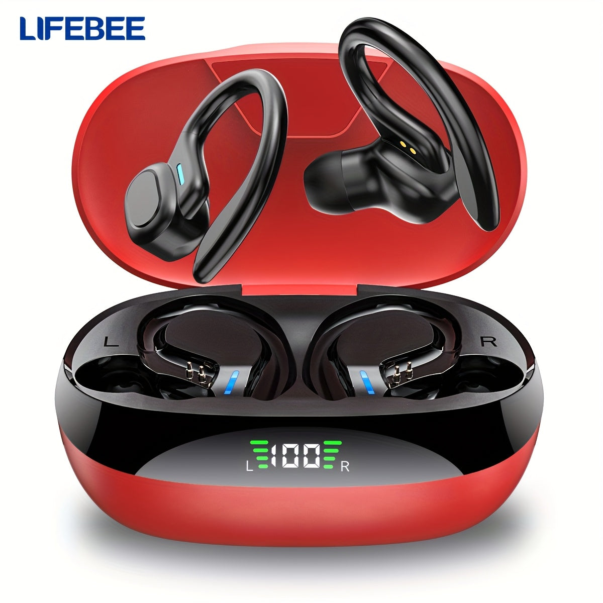 True Wireless Earbuds (TWS) with Mic - Sport Earhook, Stereo In-Ear Headphones with LED Display Charging Case for Running & Sports - Red & Black