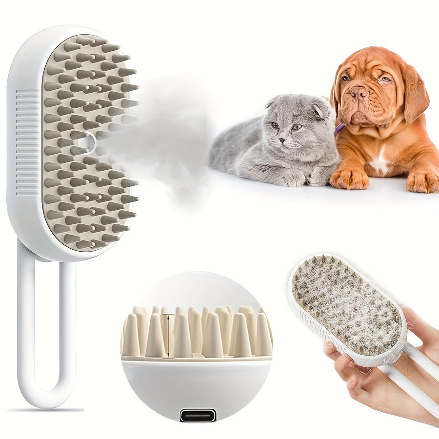 3-in-1 Rechargeable Cat Steam Brush, Self-Cleaning Grooming Comb with Steaming Technology for Detangling and Shedding Removal, USB Rechargeable Pet Grooming Tool with Spray System