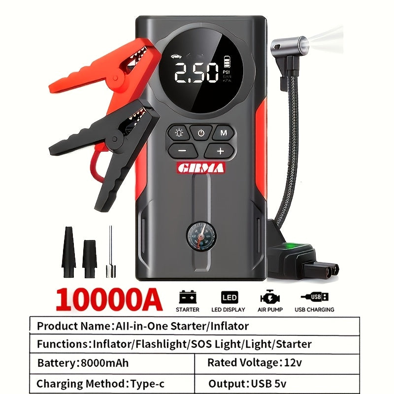 7-in-1 Portable Car Jump Starter with 150PSI Air Compressor, Digital Display, and Emergency Power Bank for Gas & Diesel Engines - Car Battery Booster Pack with Air Pump