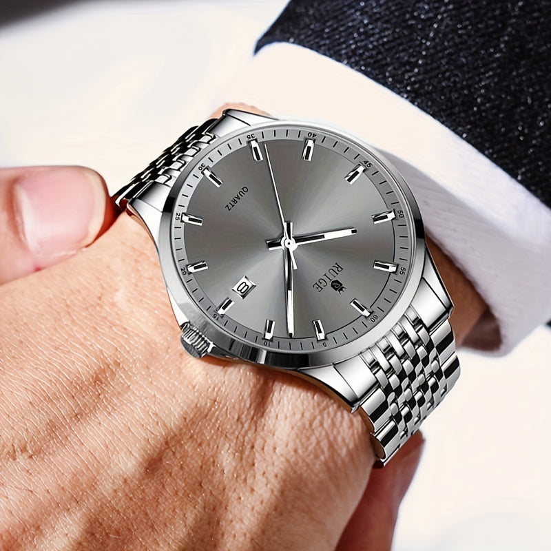 RUIGE Men's Luxury Quartz Watch Stainless Steel with Calendar, Luminous, and Rhinestone Accents - Sports Business Dress Watch for Men, Gift for Him