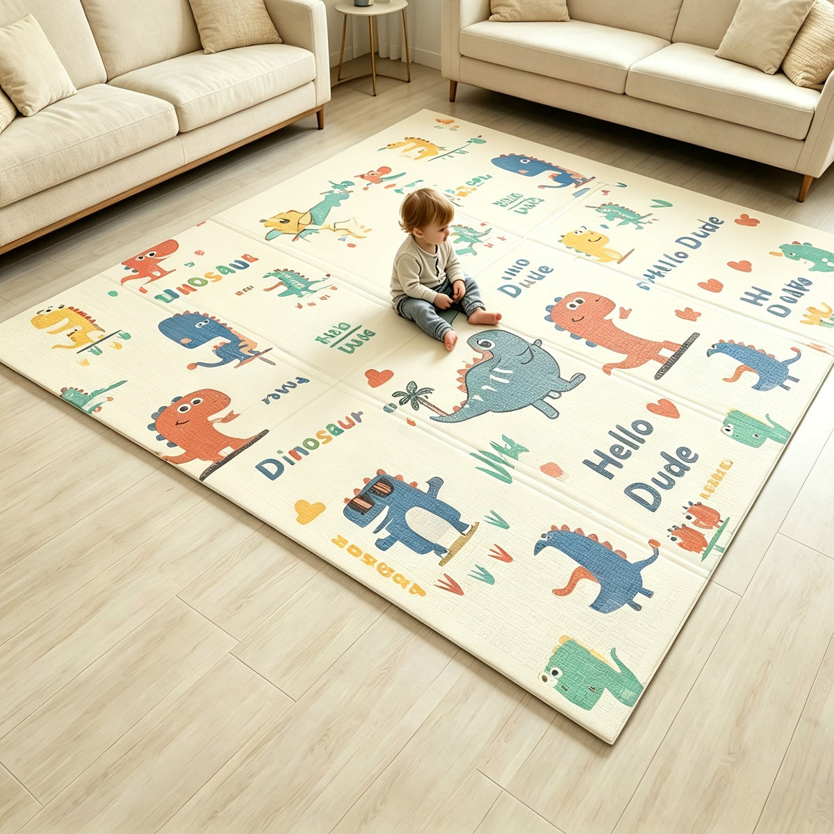Baby Crawling Mat, Non-Slip Stain-Resistant & Easy-Clean Educational Floor Mat, Foldable & Portable Play Mat for Living Room, Grey-Brown Bear & Dinosaur Paradise Design, 78.74"x70.87"