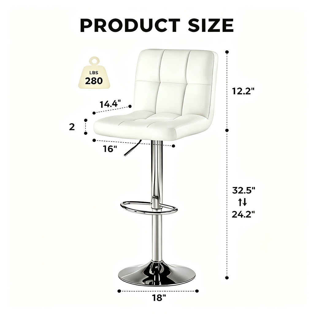 Adjustable Swivel Bar Stools Set of 2 Armless Hydraulic PU Leather with Thickened Seat Cushion & Backrest, Counter Height Kitchen Bar Chairs for Home Bar Island, White Black