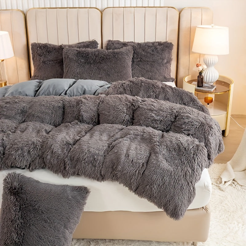 Plush Duvet Cover Set 3 Piece, Long Hair Knitted Polyester, Solid Color Fuzzy Comforter Cover with Zipper Closure, All-Season Soft Cozy Bedding Set for Bedroom, Multiple Colors Available