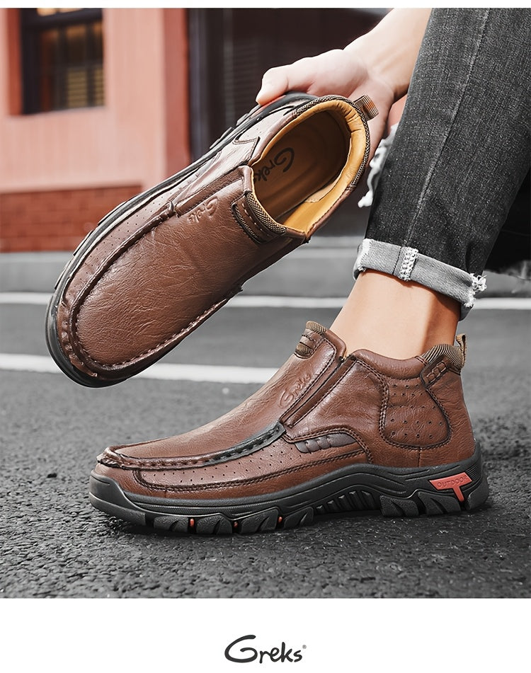GREKS Men's Hand-Stitched Slip-On Ankle Boots, Casual Moccasin Chukka Loafers with Non-Slip Sole for Outdoor Hiking, Driving, and Daily Wear – Comfortable Lightweight Men's Shoes