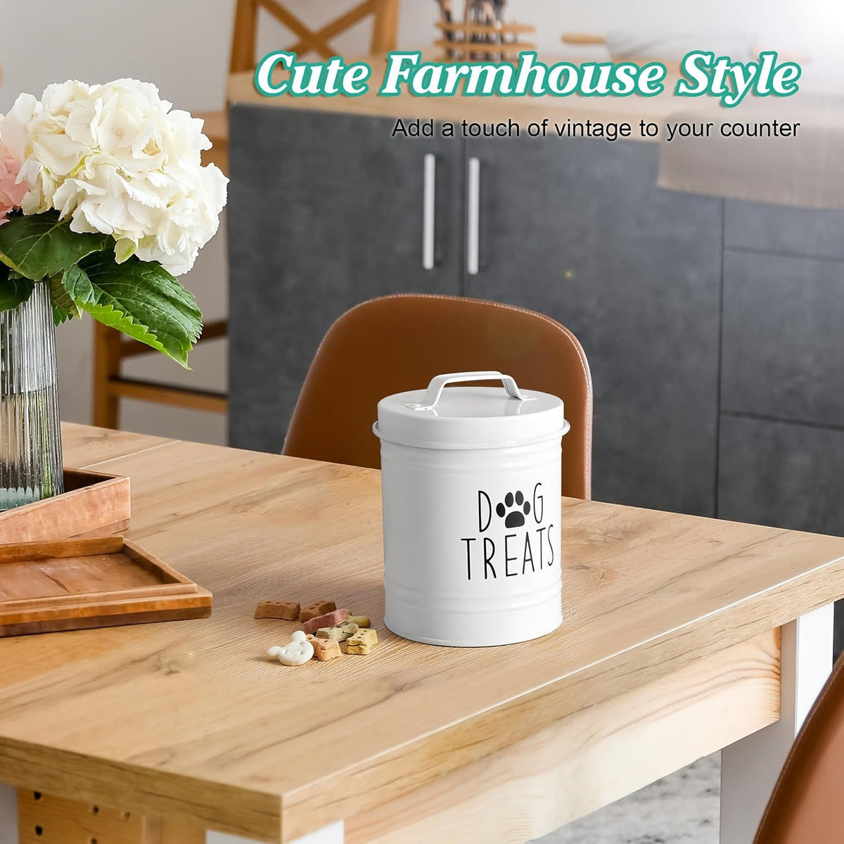 Pet Food Storage Container with Lid - Moisture-Proof Metal Dog Food Bucket, Country Farmhouse Style Airtight Dry Food Keeper for Dogs and Cats, Black/White Kitchen Pet Organizer Gift