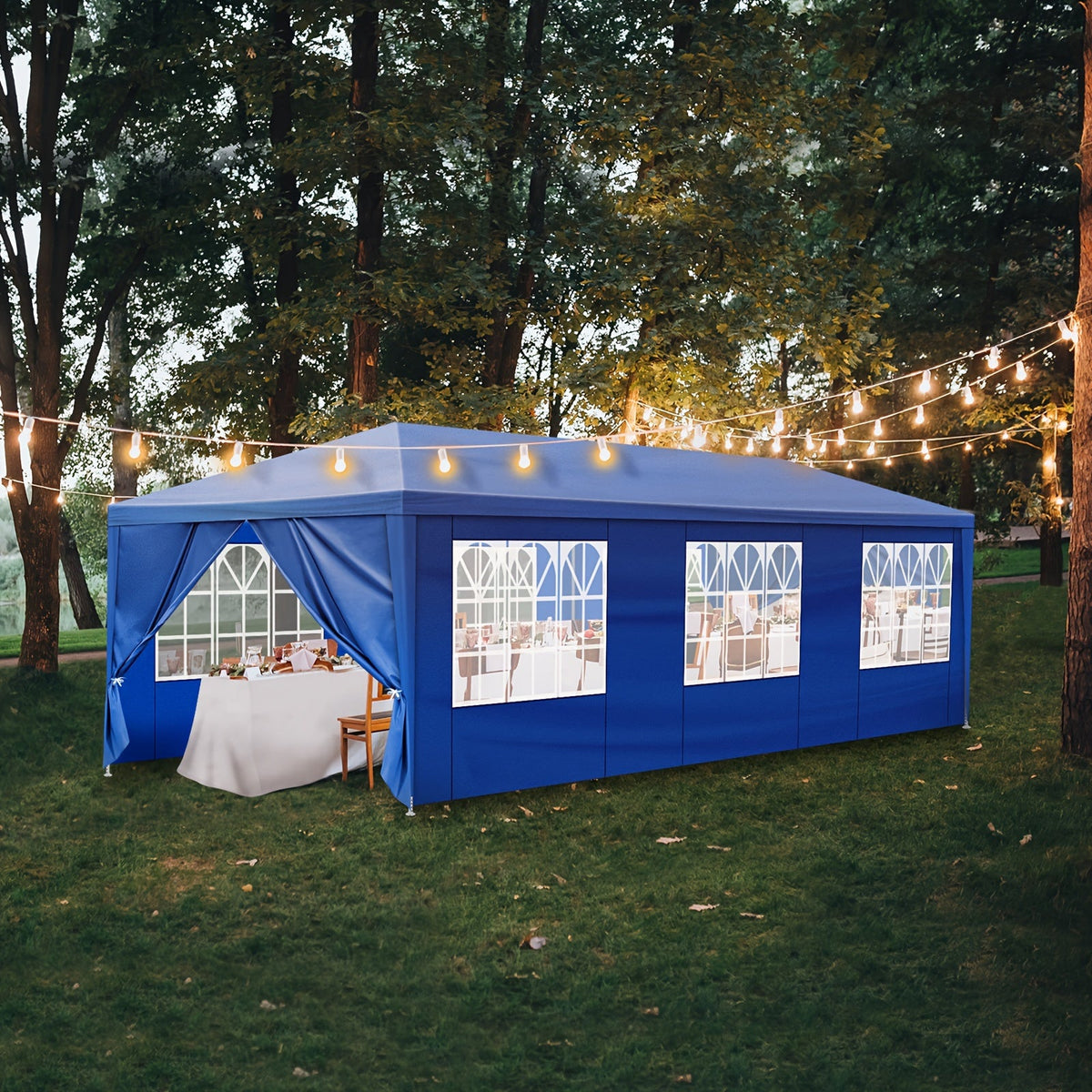 10x30 Ft Outdoor Party Tent Canopy, 8 Removable Sidewalls with Windows, Waterproof PE Cloth & Iron Frame, for Wedding, Party, Patio, Parking & Gazebo, White/Blue/Black, Accessories Included