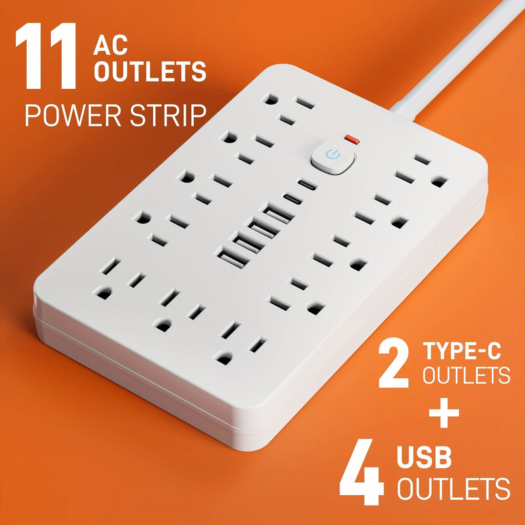 17-in-1 Power Strip Surge Protector with 11 AC Outlets, 4 USB Ports, and 2 USB-C Ports, Flat Plug Design, Space-Saving Extension Cord for Home, Office, Desk, and Kitchen, 5ft/10ft Cord