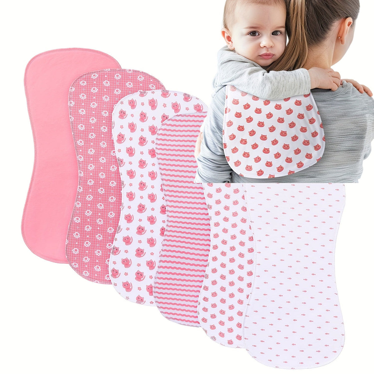 6-Pack Soft Absorbent Baby Burp Cloths, Cute Spit-Up Towels for Newborns & Infants, Gentle Baby Shoulder Cloth Set for Feeding Burping & Drool, Pink