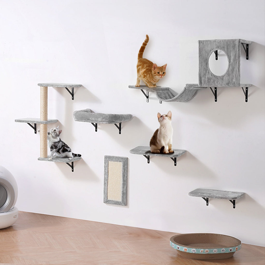 Wall Mounted Cat Shelves Set of 6, Cat Wall Furniture with 2 Jump Boards, Hammock, Sofa, Cat Tree & Grip, 40 lbs Capacity, Non-Toxic Pine, Plush Pad, Easy Install, Space-Saving Cat Playground