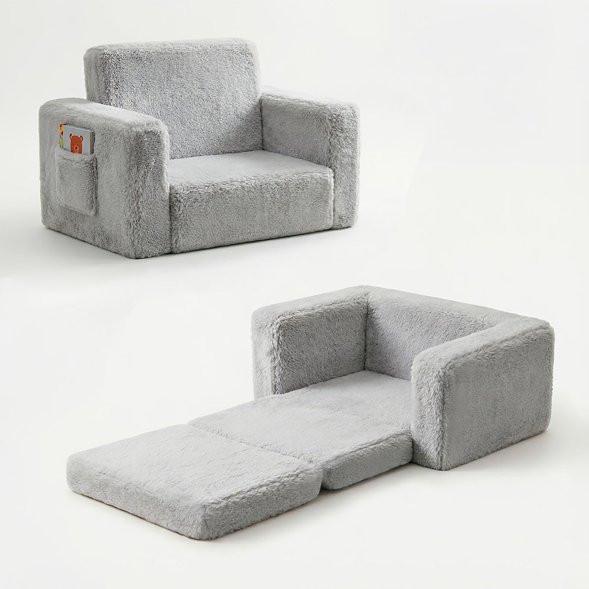 Kids Sofa 2-in-1 Convertible Recliner Chair Velvet Plush Storage Pocket Armrests Folding Lounge Chair for Boys Girls Playroom Bedroom Pink Grey White