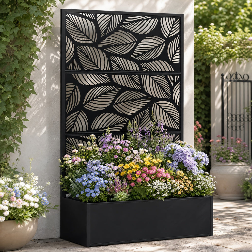 2-in-1 Metal Raised Garden Bed with Trellis & Privacy Screen 35" x 16" x 71" for Climbing Plants Vines & Flowers – Drainage Holes, Outdoor Standing Planter Box, Leaf & Black Finish