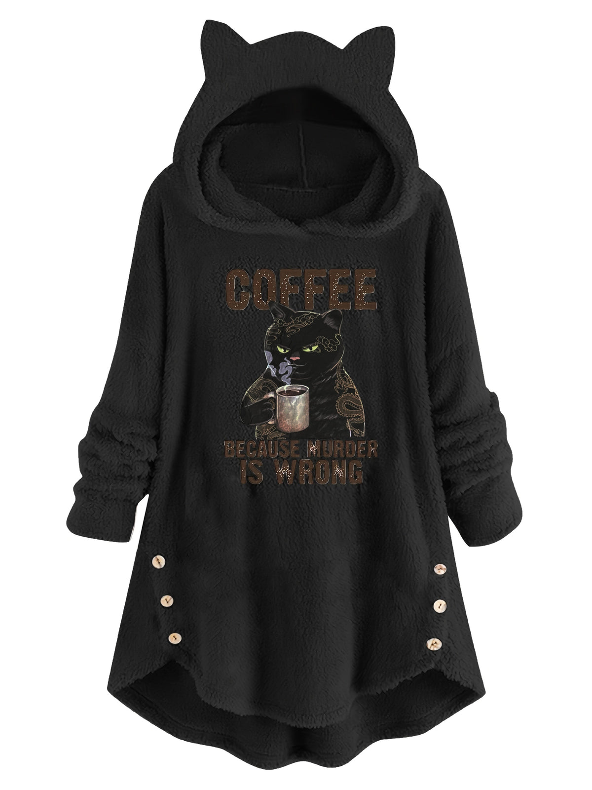 Cat Ear Teddy Fleece Hoodie Women Funny Cat Slogan Print - Cozy Fluffy Sweatshirt with Button Detail, "Coffee Because Murder Is Wrong" Graphic Hoodie, Grey Burgundy Black S-XXL