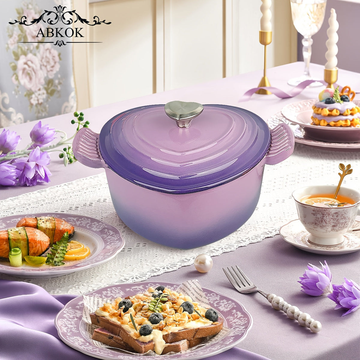 3 Qt Heart-Shaped Enameled Cast Iron Dutch Oven – Casserole with Dual Handles & Lid Compatible with All Stove Tops Oven & Induction in Purple
