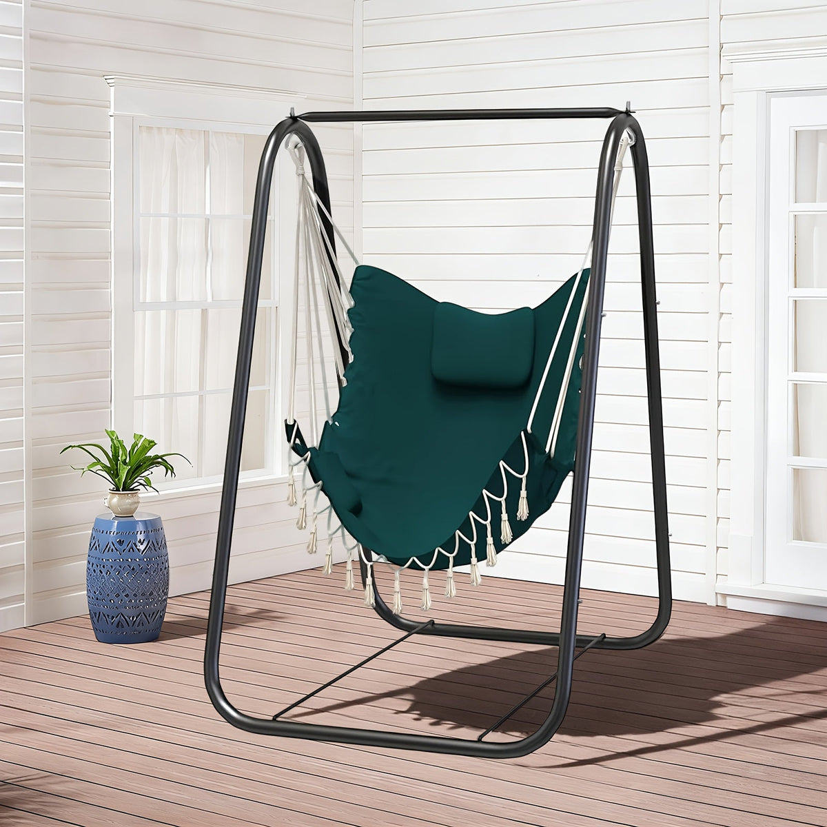 Metal A-Frame Outdoor Swing Chair with Stand – Rust-Proof Hammock Chair for Patio, Garden & Poolside, 500 LBS Capacity, 10-Min Assembly, Neck Cushion & Side Pocket, Gray Blue Navy Teal – Nova Mart
