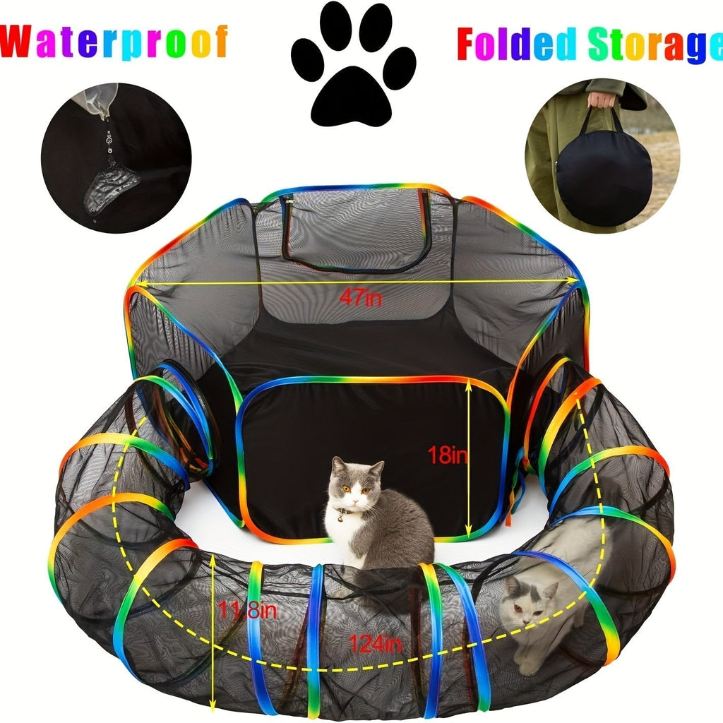 Rainbow Cat Playpen Outdoor Cat Enclosure with Circle Tunnel and Portable Pop-Up Tent, Foldable Cat Playground for Cats, Kittens, and Small Animals, Indoor/Outdoor Use