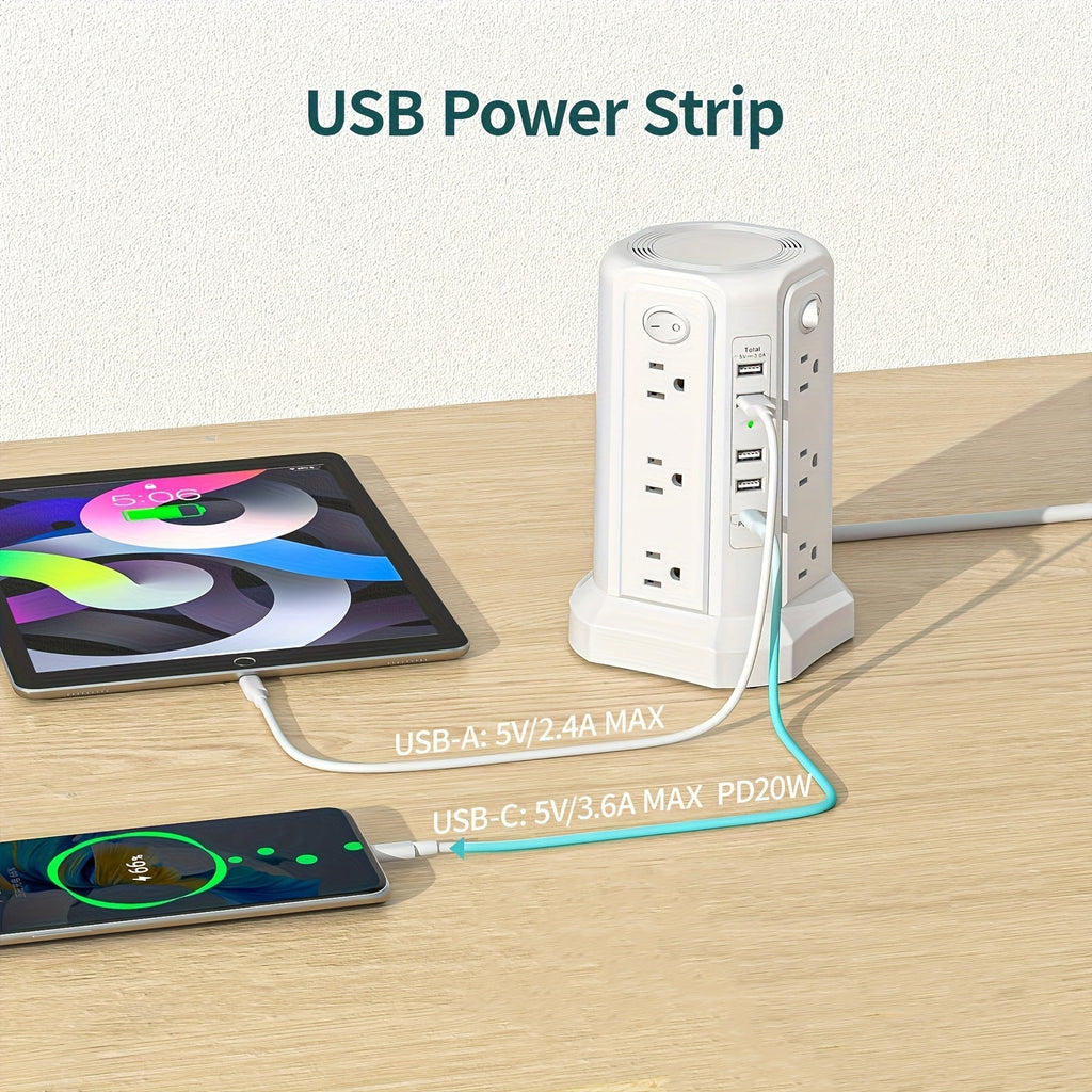 Tower Surge Protector Power Strip, 12 AC Outlets, 5 USB Ports with 18W PD USB-C Fast Charging, 10FT Extension Cord, 1800J Surge Protection, 4 Switches, for Home, Office, Desk, and Dorm Room – Space-Saving Vertical Design
