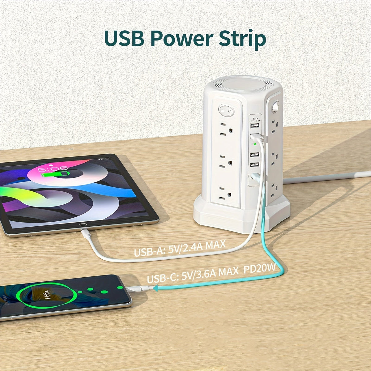 Tower Surge Protector Power Strip, 12 AC Outlets, 5 USB Ports with 18W PD USB-C Fast Charging, 10FT Extension Cord, 1800J Surge Protection, 4 Switches, for Home, Office, Desk, and Dorm Room – Space-Saving Vertical Design