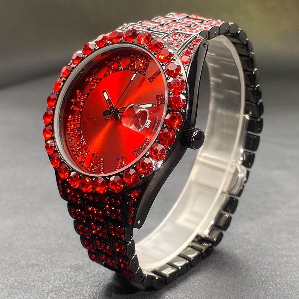 Rhinestone Couple's Watch Set, Luxury Quartz Movement with Calendar and Luminous Display, Red and Ice Blue Rhinestone Fashion Party Gift Watches for Men and Women